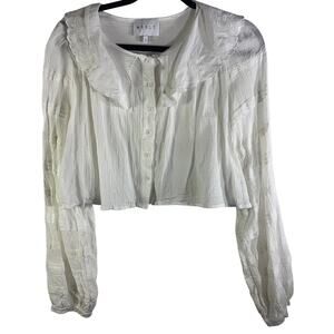 Mable White Embroidered Peter Pan Collar Gauze Crop Blouse Top Small Boho